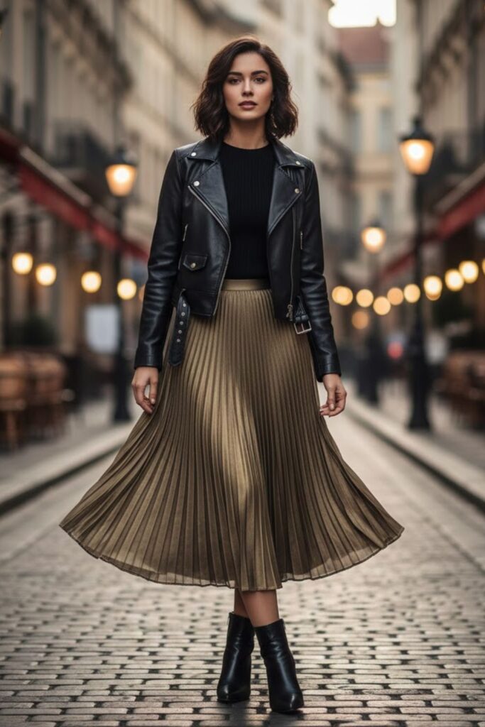 15. Short Leather Jacket with a Pleated Skirt