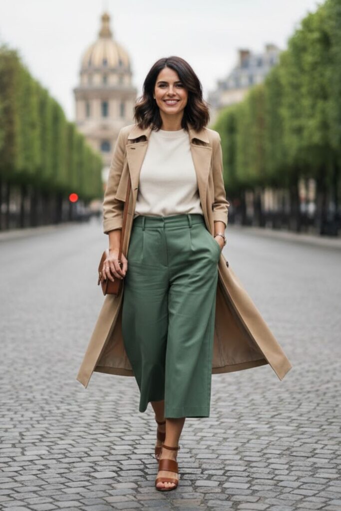 15. Tan Trench Coat with Knit Top and Culottes