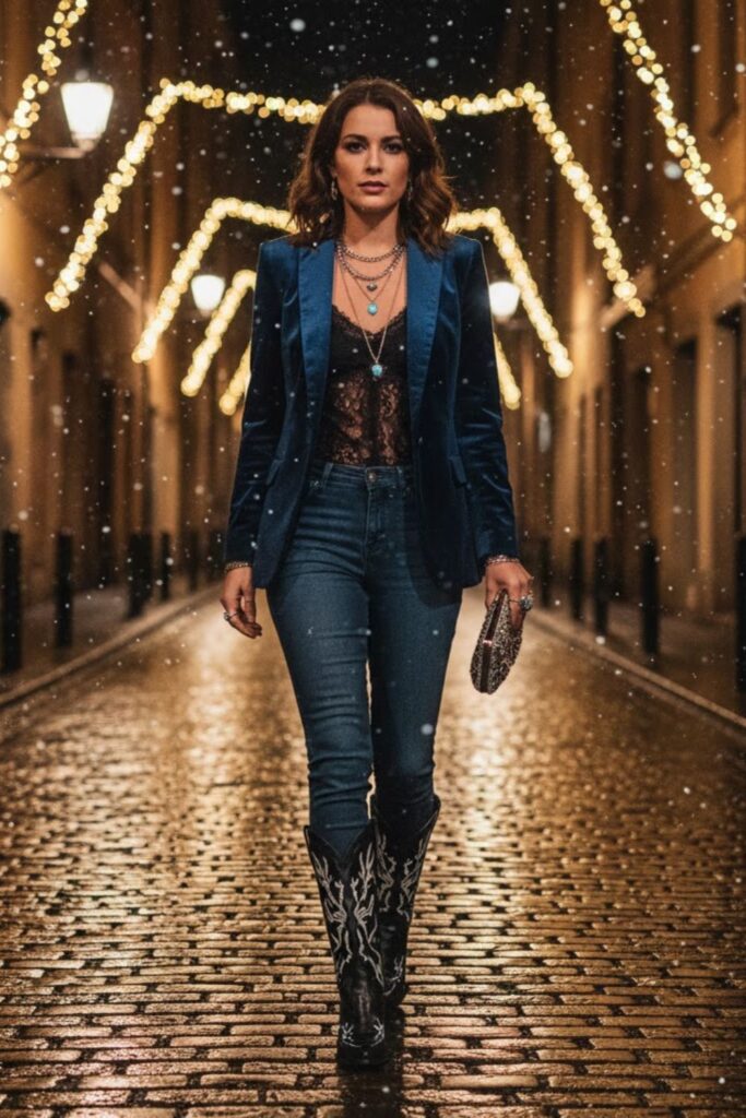 15. Velvet Jacket, Lace Top, and Dark Denim