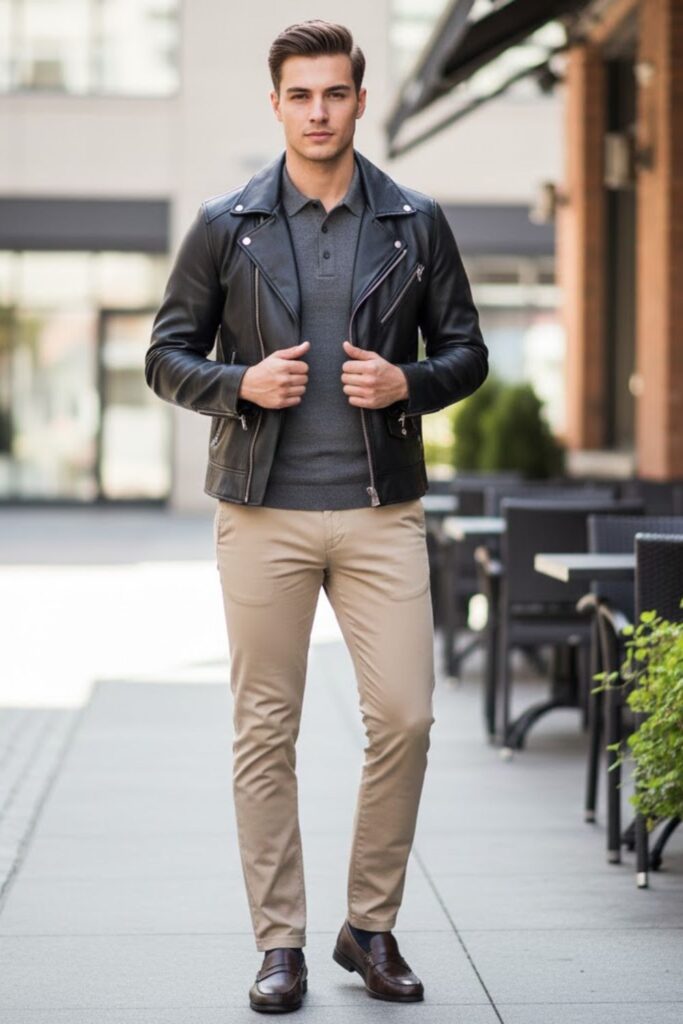 15. Vintage Leather Jacket with Polo Shirt and Slim Chinos