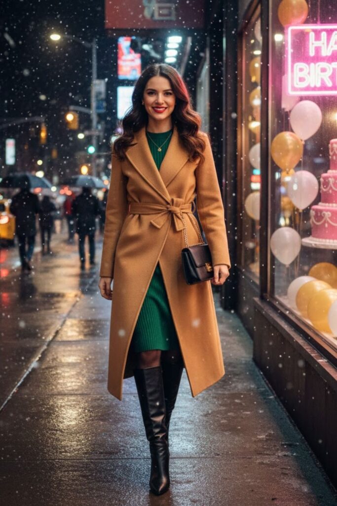 15. Wrap Coat With Ribbed Dress and Heeled Boots