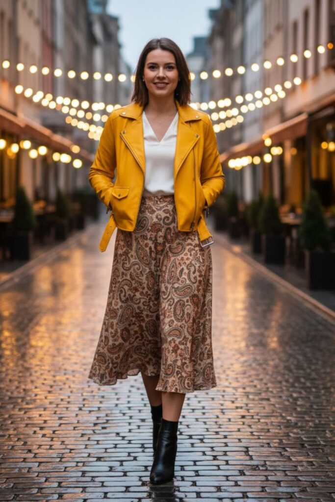 15. Yellow Leather Jacket with Simple Blouse and Midi Skirt