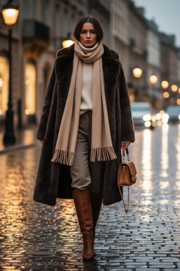 15. long fur coat outfit with scarf and monochrome neutrals