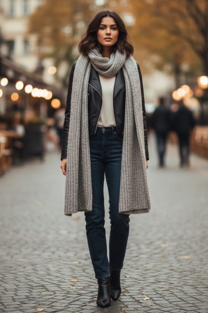 16. Short Leather Jacket with a Long Scarf