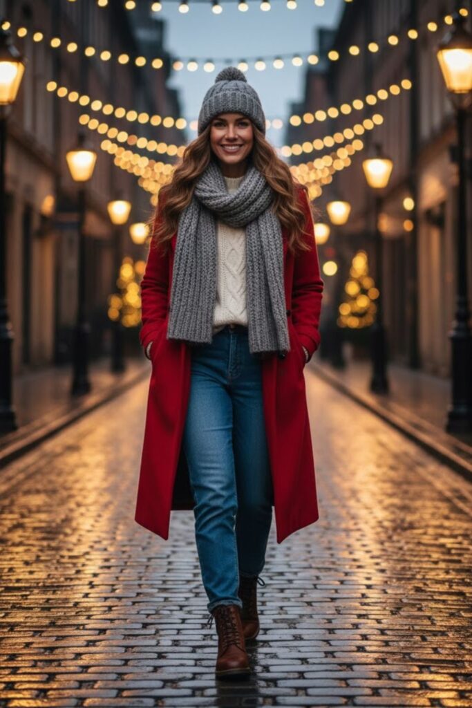 16. Winter Trench Coat with a Knit Beanie and Straight Jeans