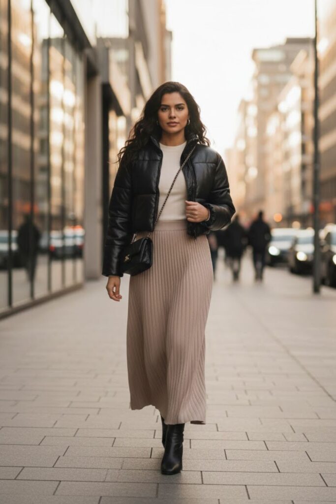 15+ Leather Puffer Jacket Outfit with Maxi Skirt