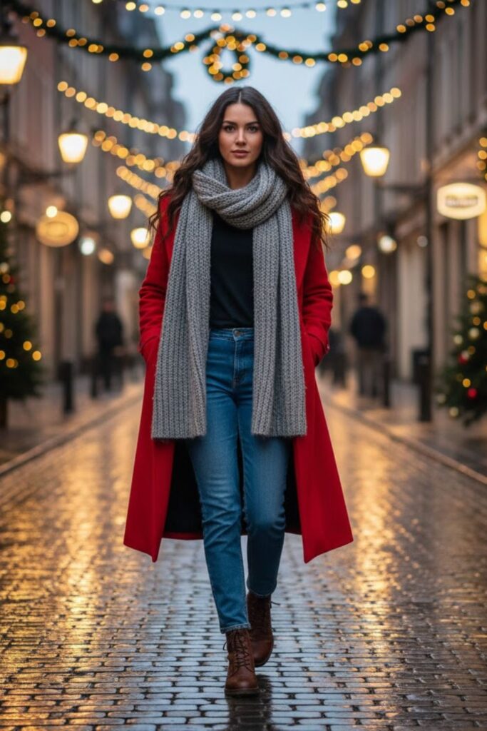 17. Winter Trench Coat with a Long-Sleeve Tee and Layered Scarf