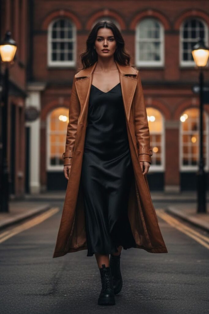 2. 90s Leather Jacket Outfit with a Slip Dress