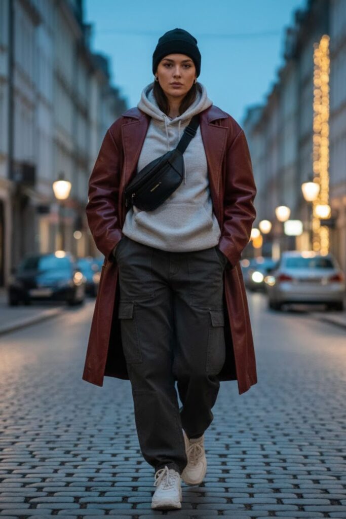 2. Baggy Leather Jacket with Black Hoodie and Cargo Pants