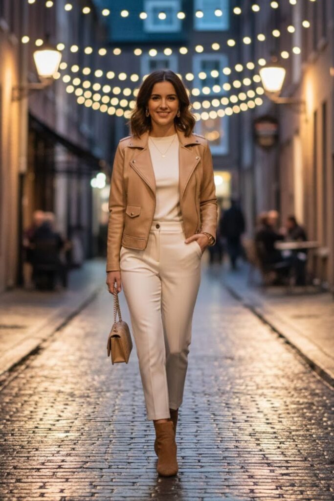2. Beige Leather Jacket with an All-White Base