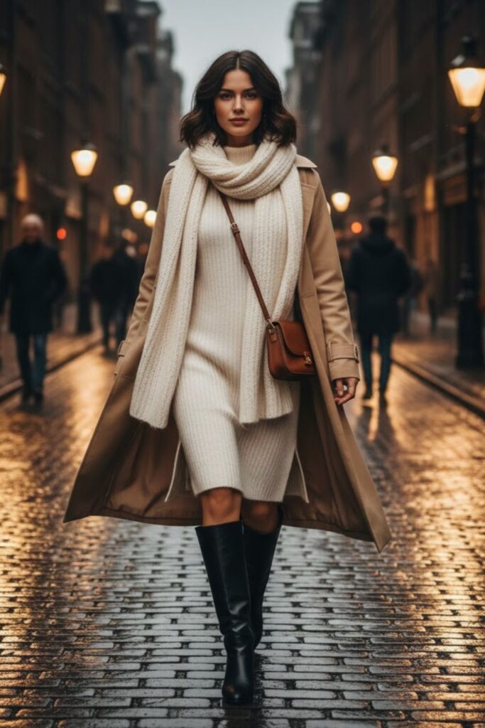 2. Beige Trench Coat Over a White Sweater Dress