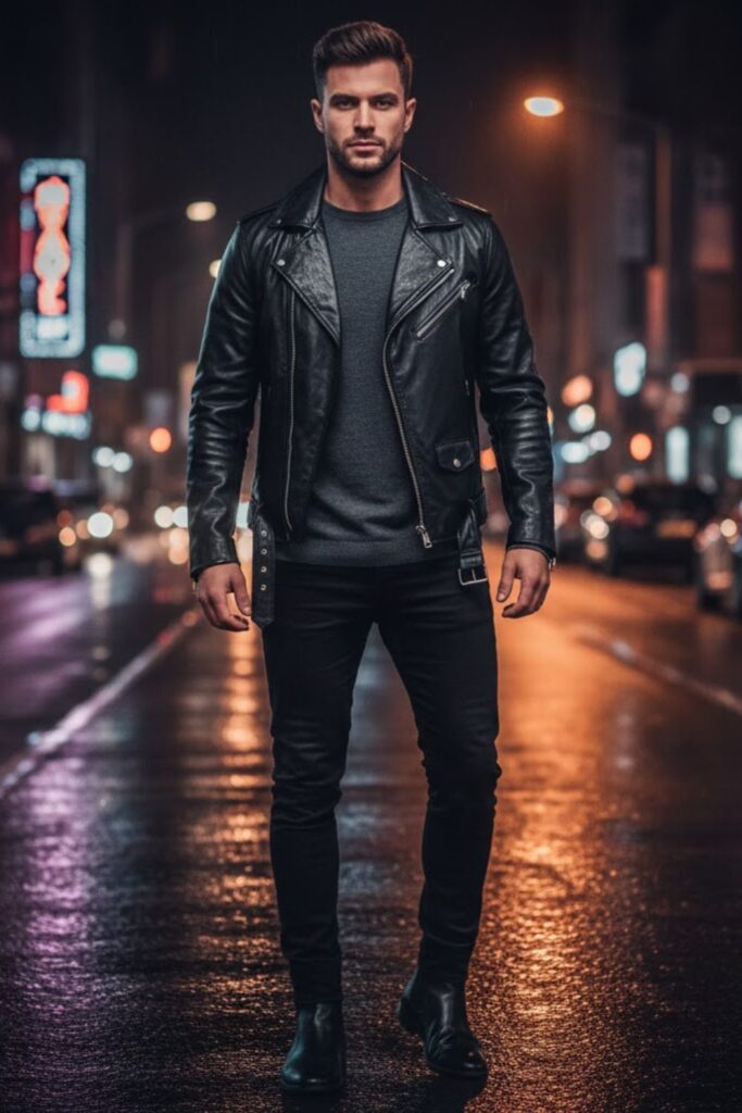 2. Black Leather Jacket Outfit Men with Black Jeans and Boots