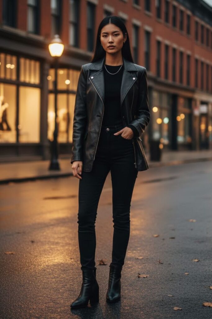 2. Black Leather Jacket with All-Black Layers