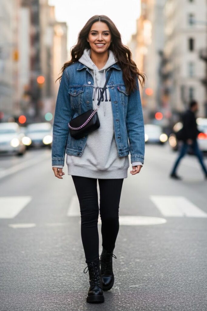 2. Black Leggings with Combat Boots and Oversized Hoodie