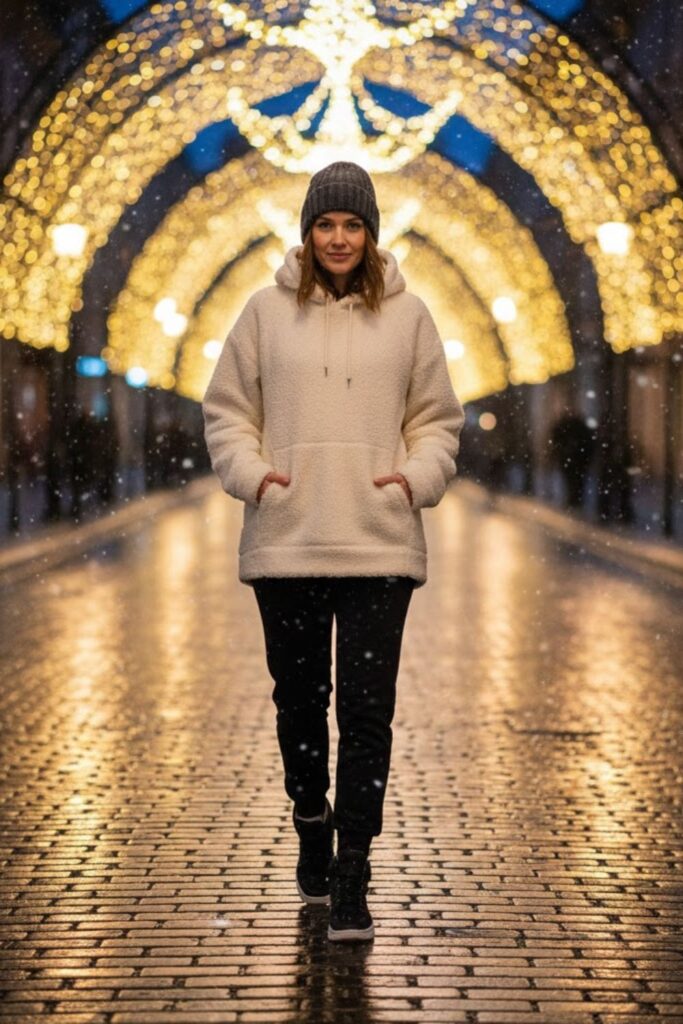 2. Black Sweatpants with Oversized Hoodie and Beanie