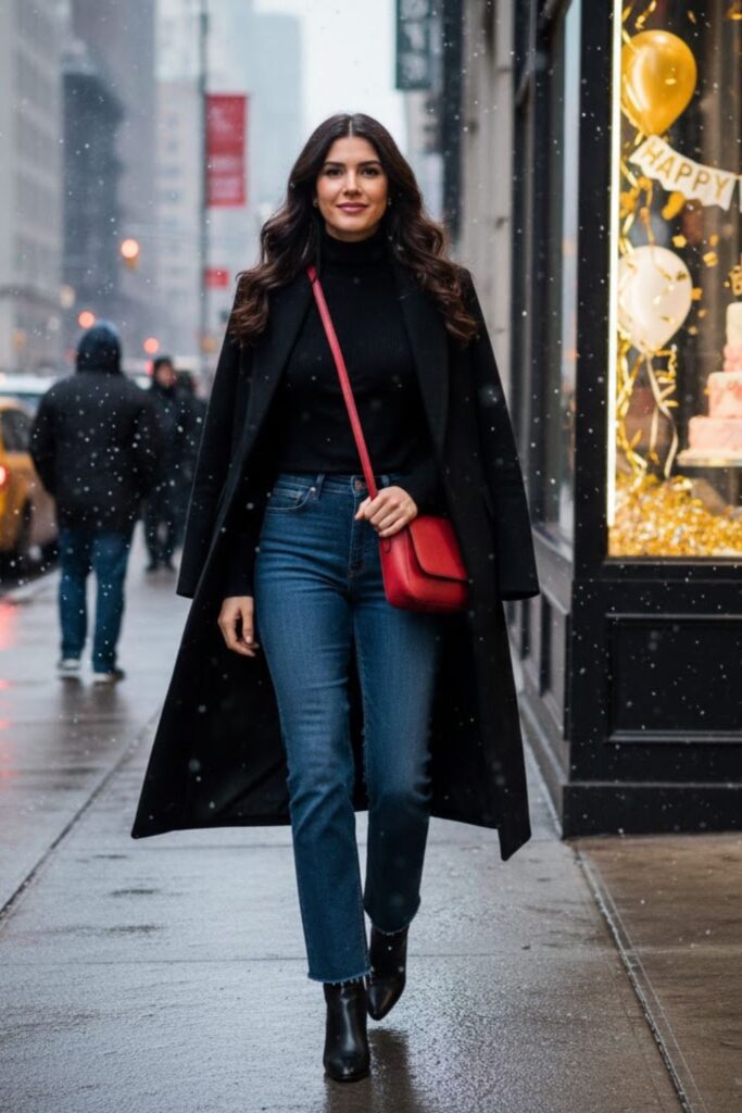 2. Black Turtleneck With Straight-Leg Jeans and Coat