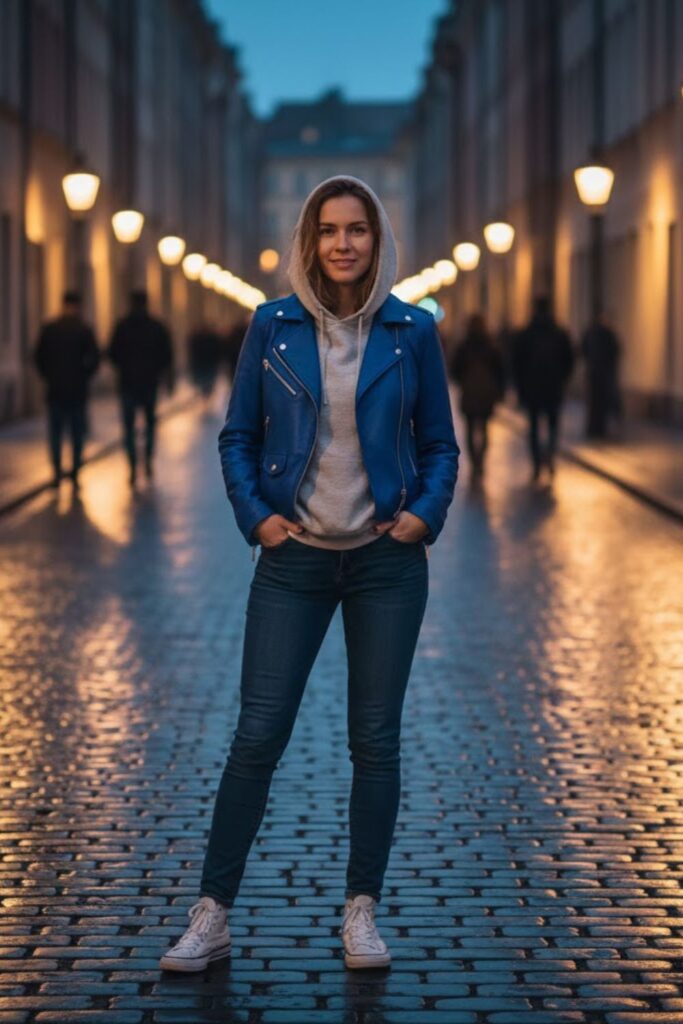 2. Blue Leather Jacket Outfit with Grey Hoodie Layering