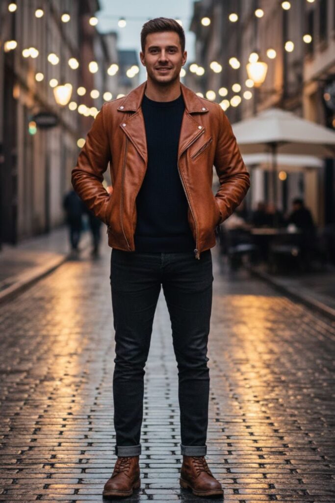 2. Brown Leather Jacket with Dark Denim Jeans
