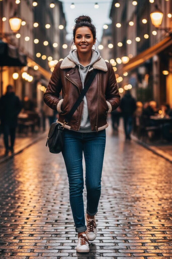 2. Brown Leather Jacket with Dark Denim and Grey Hoodie