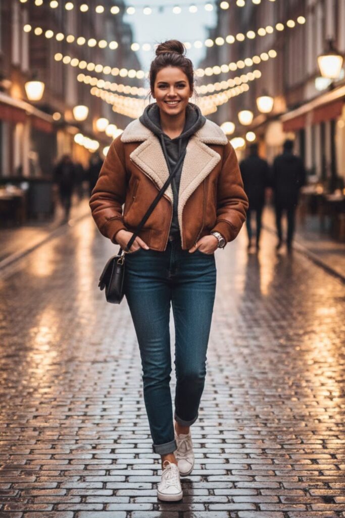 2. Brown Leather Jacket with Grey Hoodie and Dark Denim