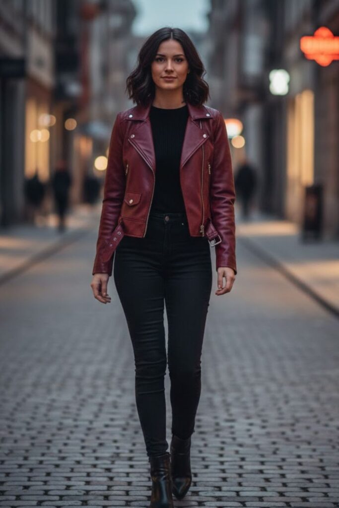 2. Burgundy Leather Jacket Outfit with Black Jeans and Boots