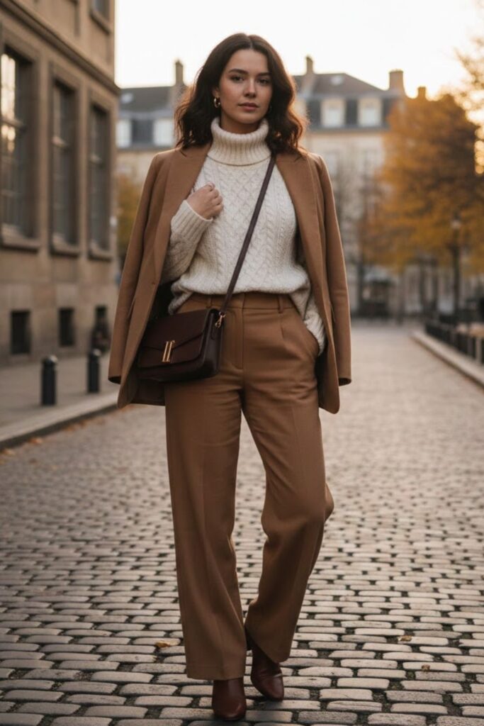 2. Camel Leather Jacket Outfit with a White Turtleneck