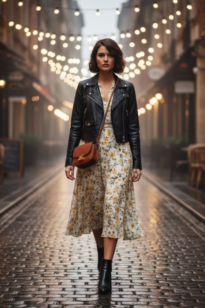 2. Cropped Leather Jacket with a Flowy Midi Dress