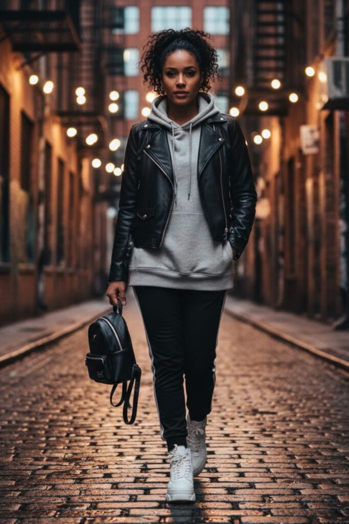 2. Faux Leather Jacket with Hoodie and Joggers