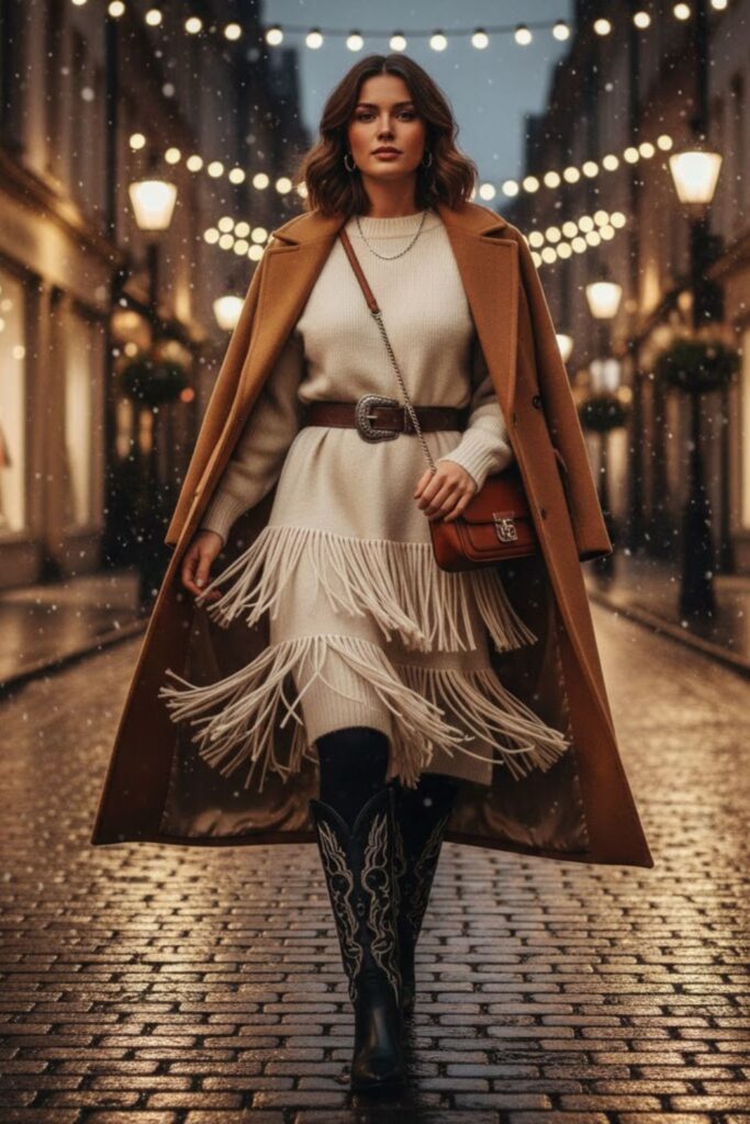 2. Fringe Sweater Dress with Leather Belt and Knee-High Boots