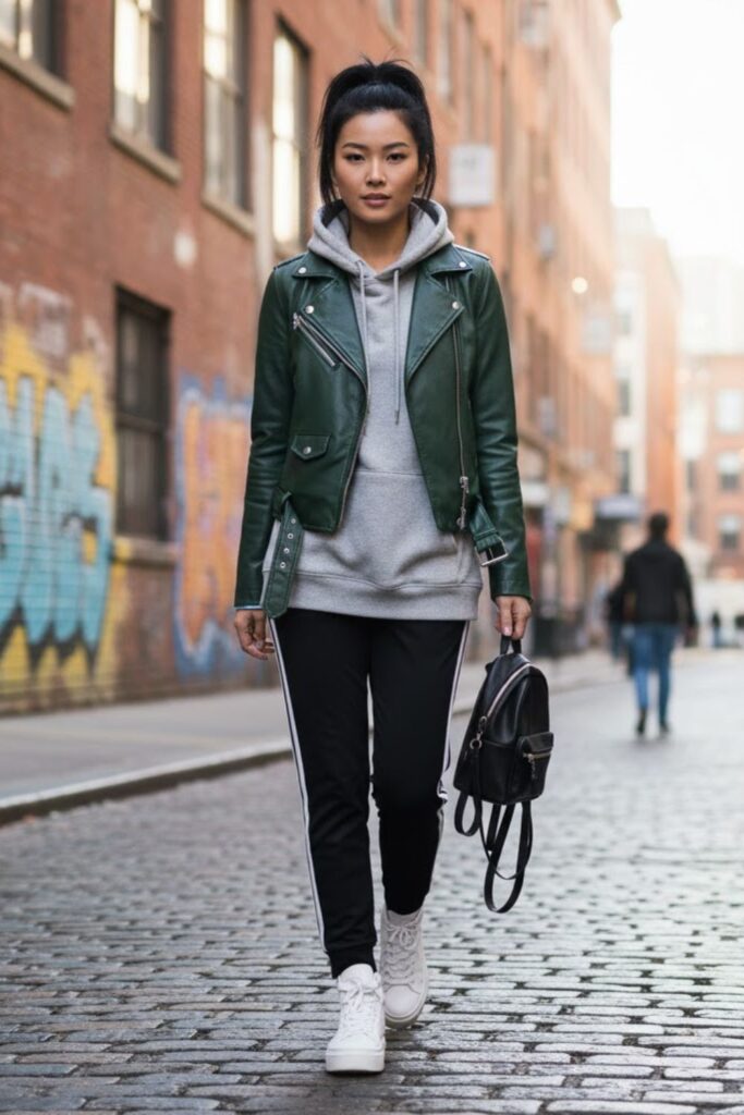 2. Green Leather Jacket with Grey Hoodie and Joggers