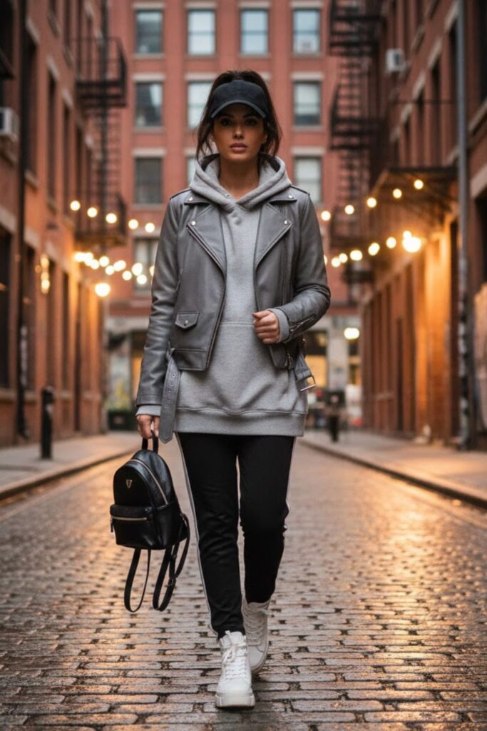 2. Grey Leather Jacket with Grey Hoodie and Joggers