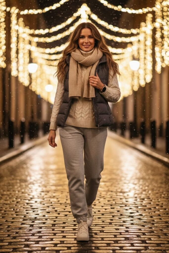 2. Grey Sweatpants with Knit Sweater and Insulated Sneakers