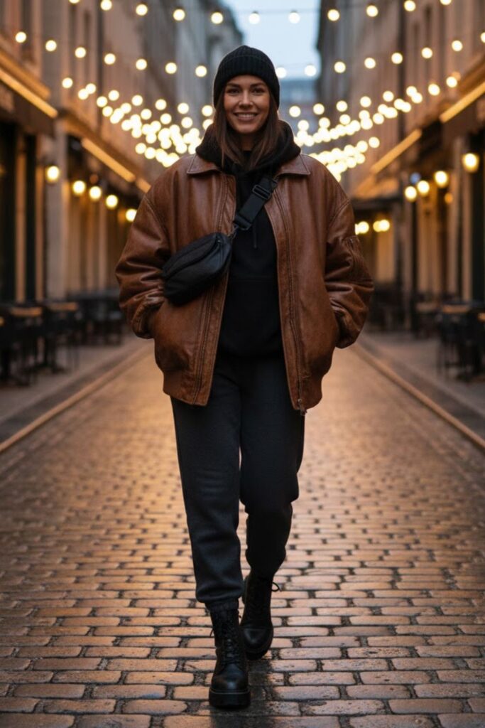 2. Leather Jacket with Black Hoodie and Joggers