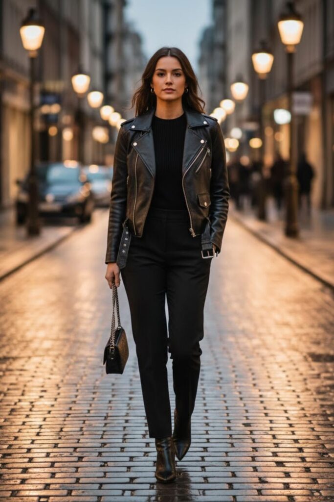 2. Leather Jacket with Monochrome Layers
