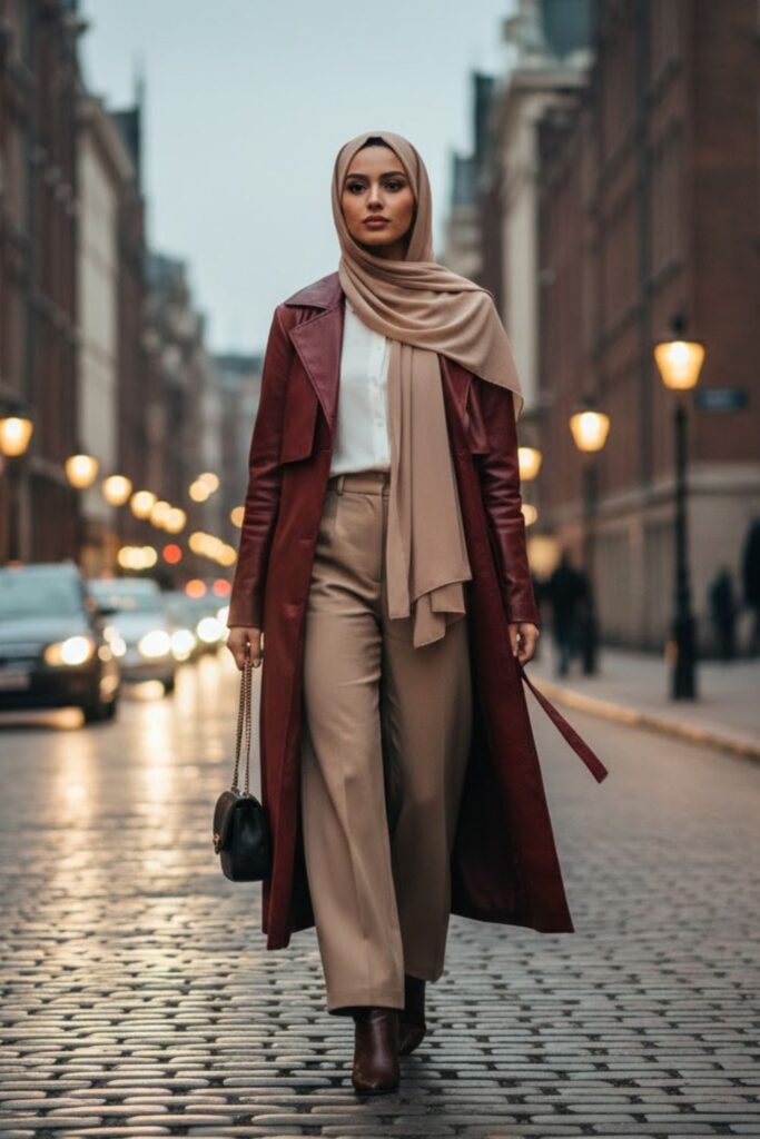 2. Leather Jacket with a Long-Sleeve Top and Wide-Leg Pants