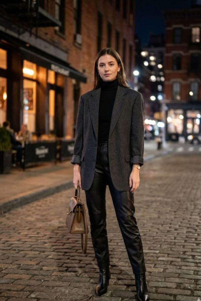 2. Leather Pants Outfit Going Out Winter with Oversized Blazer