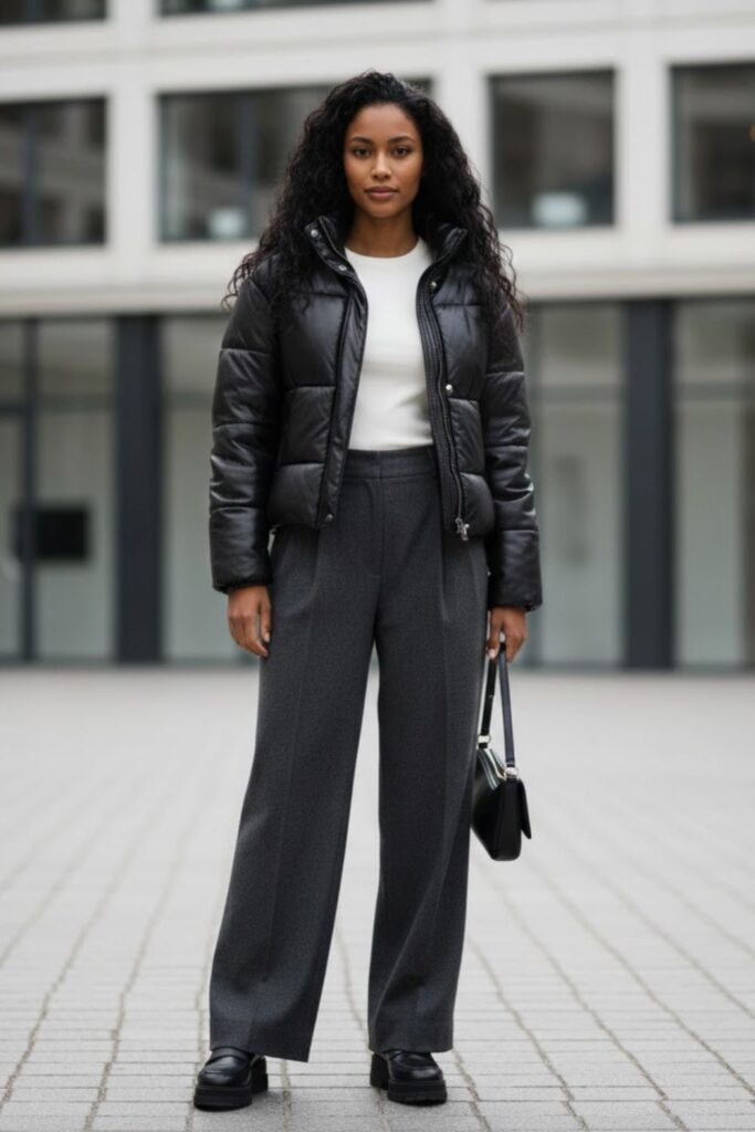 2. Leather Puffer Jacket Outfit with Wide-Leg Trousers