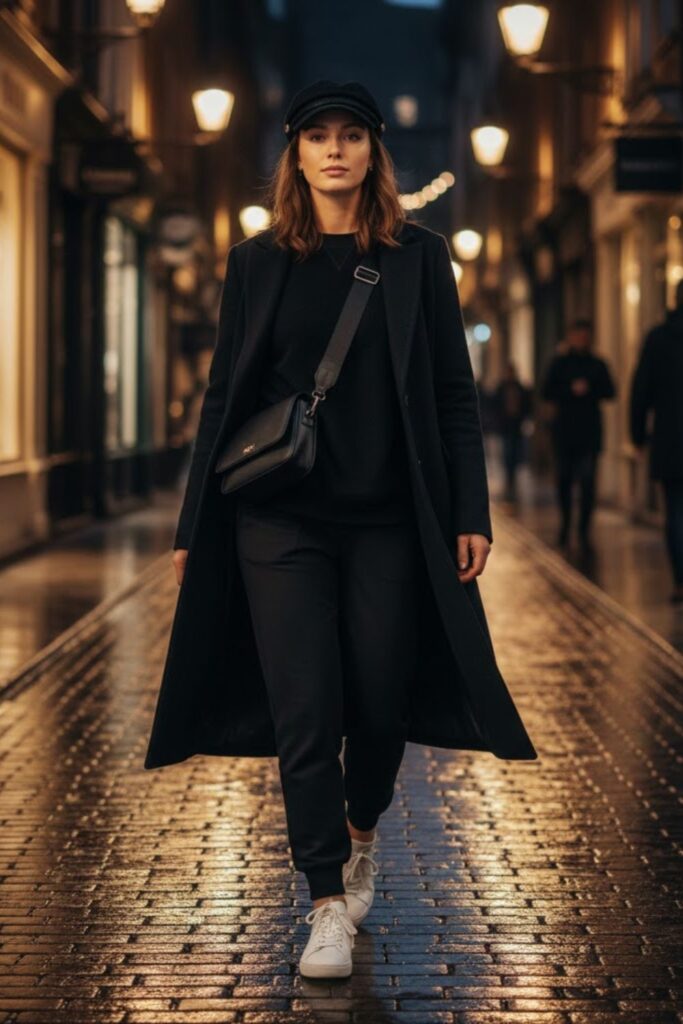 2. Long coat outfit casual with sweatshirt and joggers