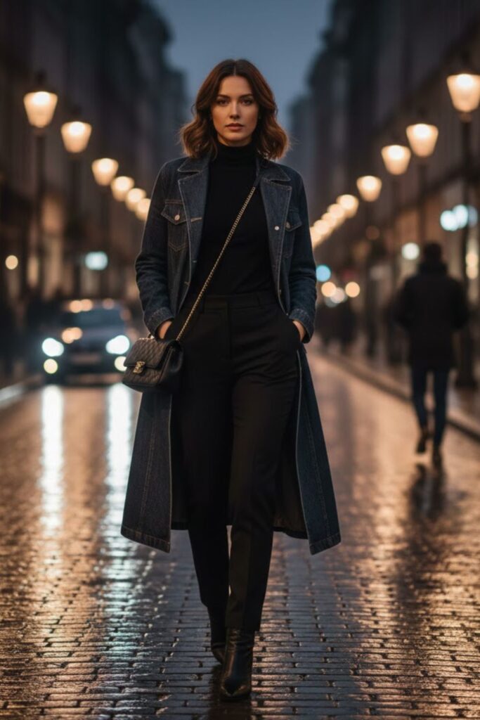 2. Long denim coat outfit with black turtleneck and tailored trousers