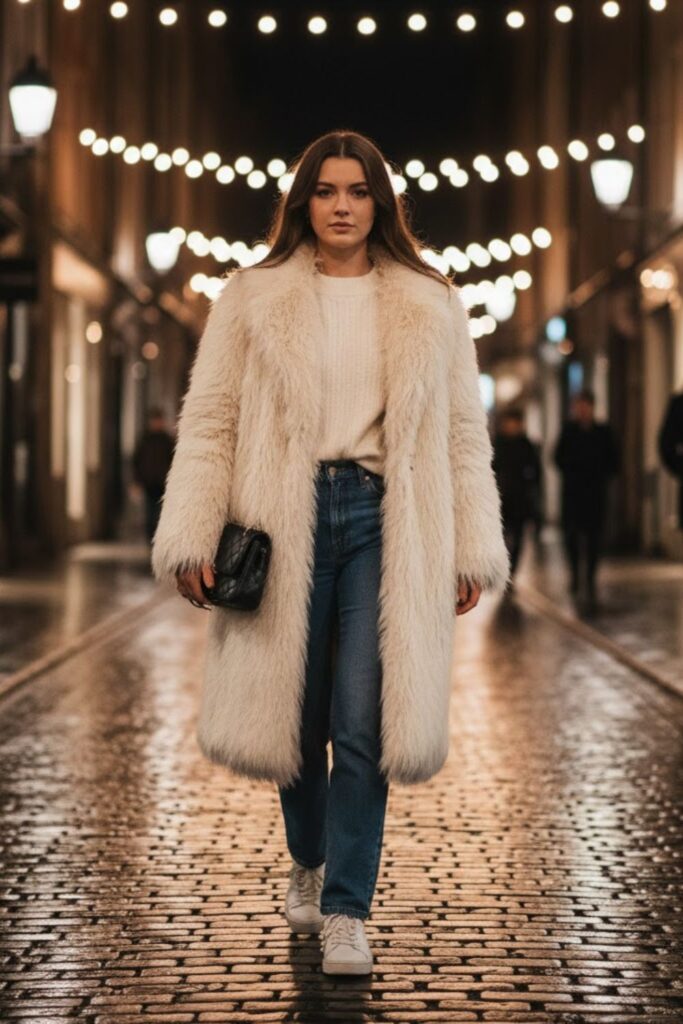 2. Long fluffy coat outfit with white sweater and blue jeans