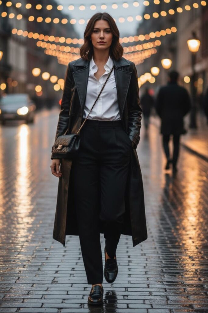 2. Long leather coat outfit with white shirt and tailored trousers