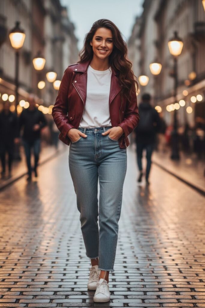 2. Maroon Leather Jacket with a White Tee and High-Waisted Jeans