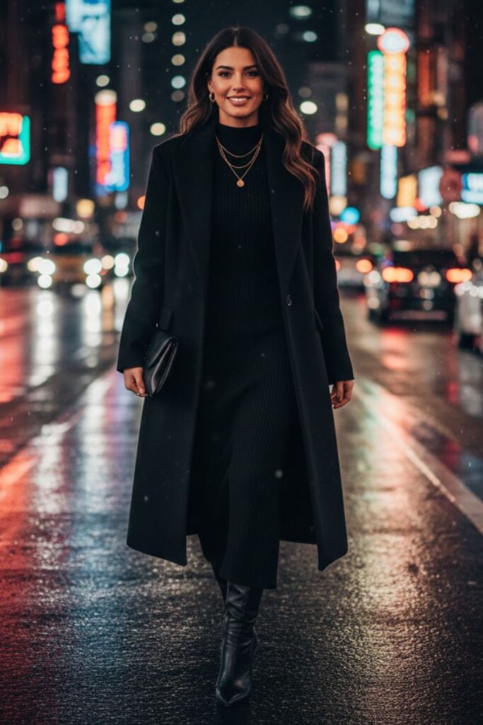 2. Oversized Black Coat with Black Midi Dress