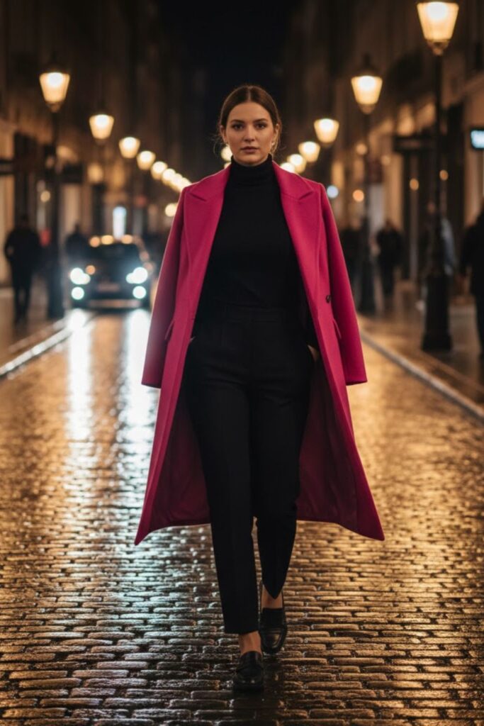 2. Pink long coat outfit with black turtleneck and tailored trousers