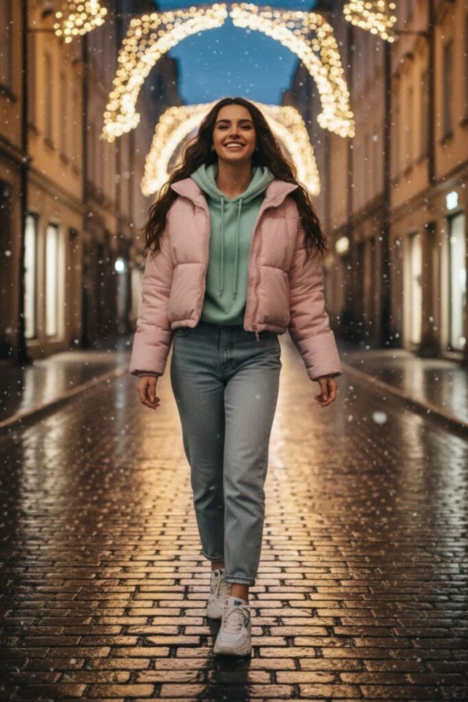 2. Puffer Jacket with Hoodie and Straight-Leg Jeans