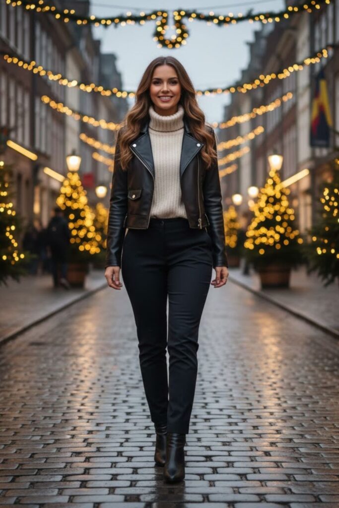 2. Short Leather Jacket with a Knit Turtleneck