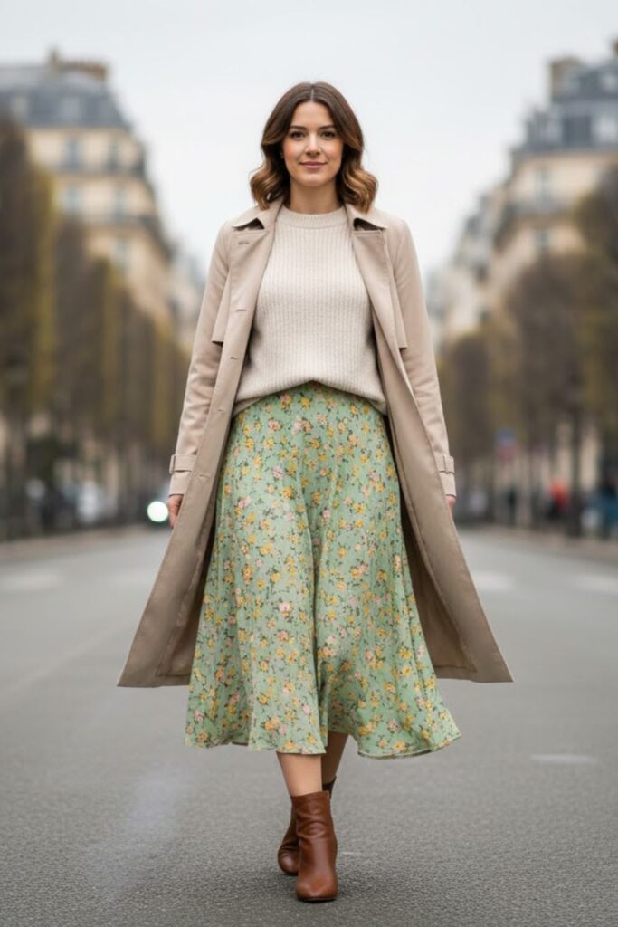 2. Spring Trench Coat with Lightweight Knit and Skirt