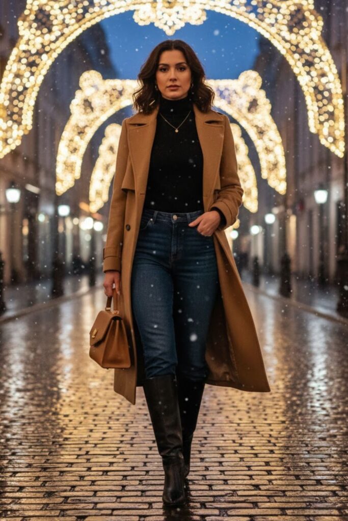 2. Straight-Leg Jeans with Turtleneck and Long Coat