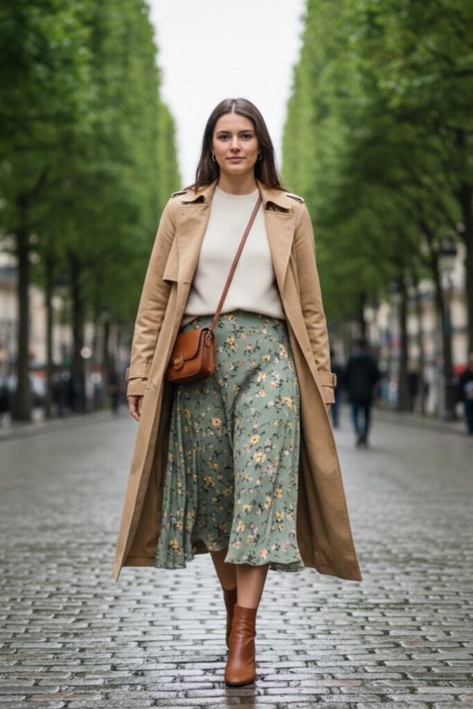 2. Tan Trench Coat with Knit Sweater and Midi Skirt