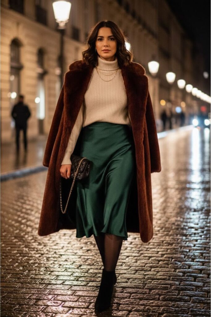 2. Turtleneck Sweater With Satin Skirt and Boots